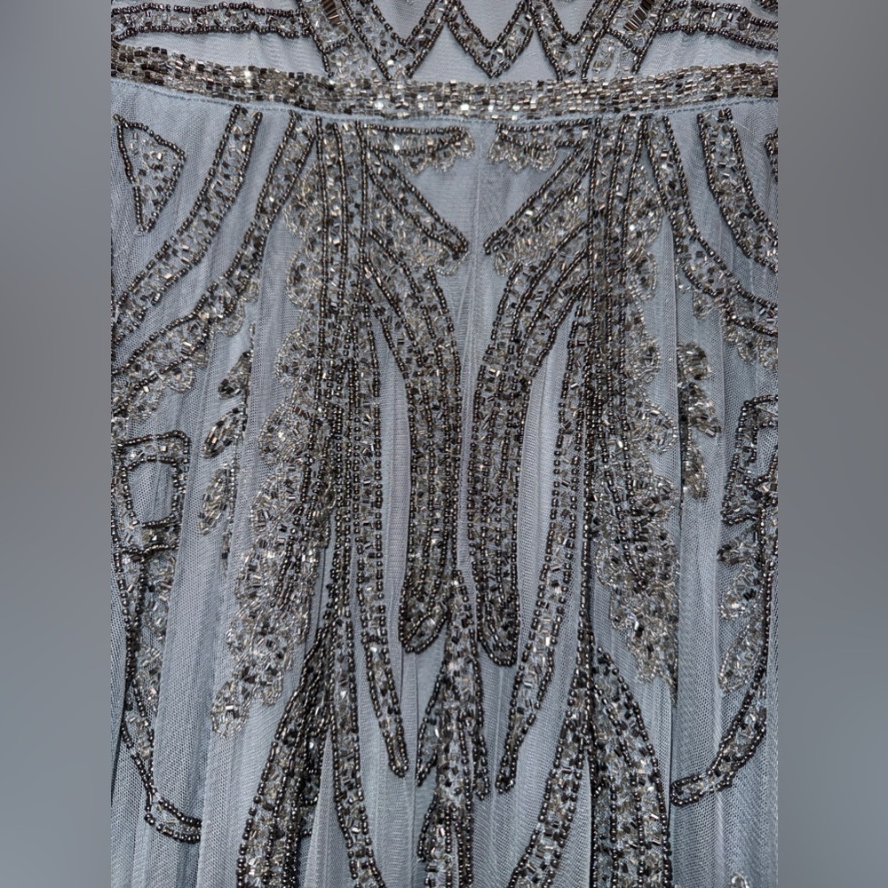 NWT |Mac Duggal A5434 Silver Short Sleeve Beaded A-line Tea Length Dress Size 10 - Picture 13 of 16